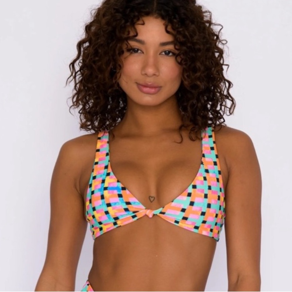 Skatie Multicolor Checkered Bikini Top - Pink, Blue, Yellow, Black